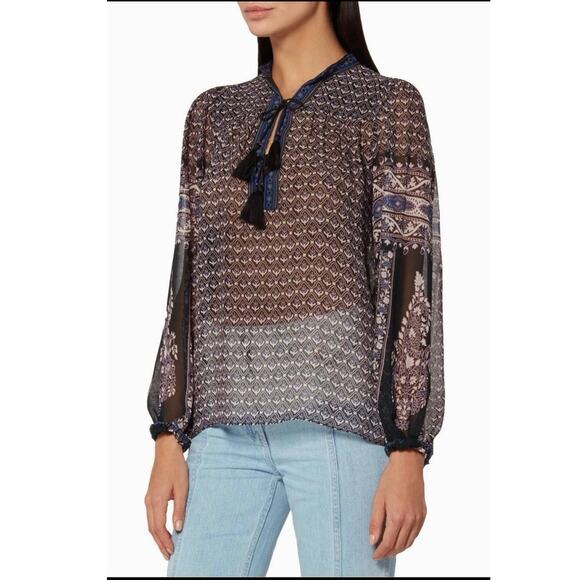 Ulla Johnson Amala Print Silk Double Tassel Sheer Peasant Top Size 0 - Picture 3 of 14